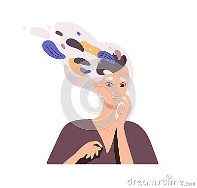 Woman with obsessive, paranoid thoughts in mind. Anxious nervous person in panic thinking about problems. Psychology Vector Illustration