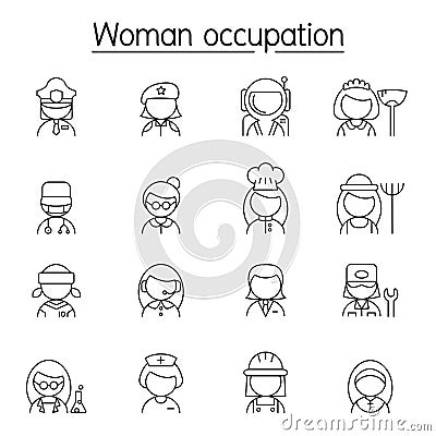 Woman Occupation, Profession, Career icon set in thin line style Vector Illustration