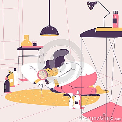 Woman with ocd cleaning her house attentively with magnifier. Concept illustration about obsessive compulsive disorder, panic and Cartoon Illustration