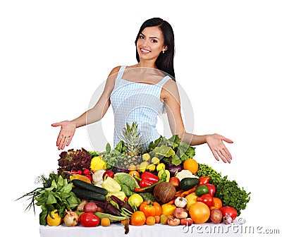 Woman offers fruits and vegetables Stock Photo