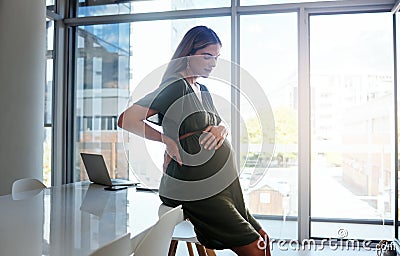 Woman, office or pregnant stomach on break to relax or breathe in company or workplace. Belly, employee or pregnancy in Stock Photo