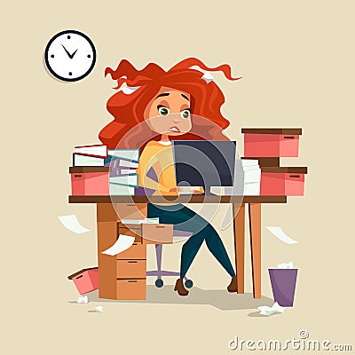 Woman in office stress vector illustration of cartoon girl manager working deadline overwork with disheveled messy hair Vector Illustration