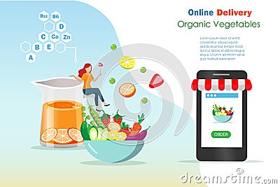 Woman online order fruit and vegetable foods and orange juice on delivery service via smart phone Vector Illustration