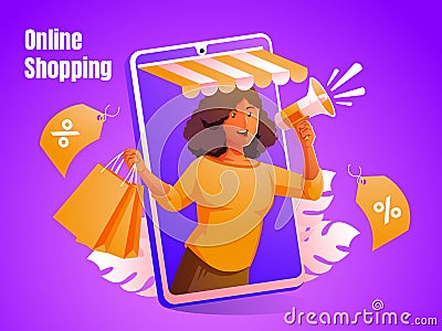 a woman with online shop concept giving discount offer Vector Illustration