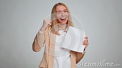 Woman open envelope letter, great news, celebrate, monetary award, invitation, bank loan approve Stock Photo