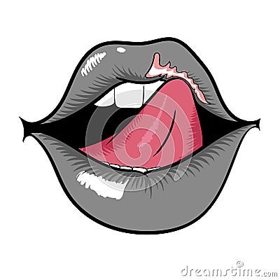 Woman mouth with gray lips and licking tongue Stock Photo