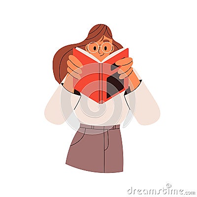 Woman with open paper book. Happy girl reader in glasses reading fascinating literature, novel. Bookworm and interesting Vector Illustration