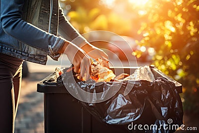 Woman opening bin to throw trash bag open dirt. Generate Ai Stock Photo