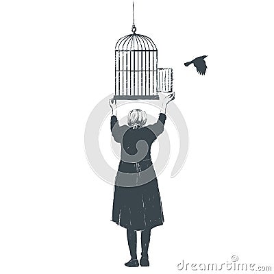 A woman opens the cage from which the bird flies. Vector illustration, sketch Vector Illustration