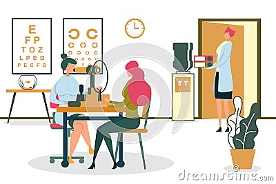 Woman Ophthalmologist Checking Patients Eyesight. Vector Illustration