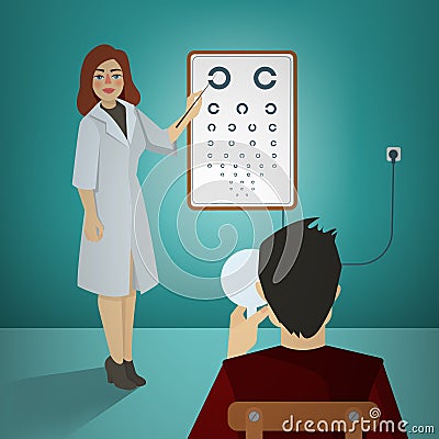 Woman Ophthalmologyst Examining Patient Using a Snellen Chart Vector Illustration