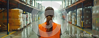 Woman in Orange Vest in Warehouse Stock Photo