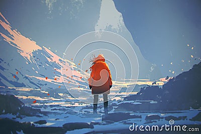 Woman with orange warm jacket standing in winter landscape Cartoon Illustration
