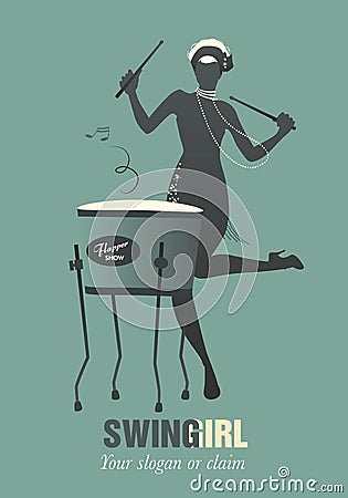 Woman Orchestra Silhouette playing drum Stock Photo