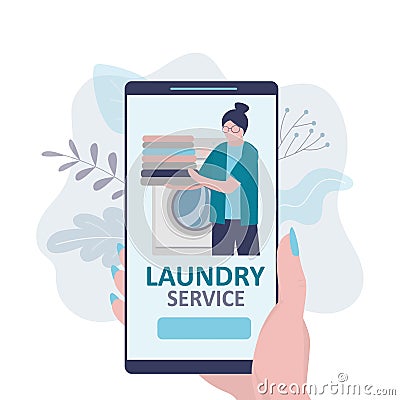 Woman orders of dry cleaning service by smartphone. Online laundry service on phone screen Vector Illustration