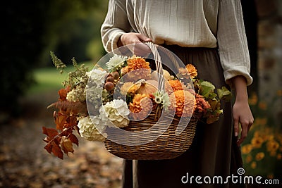 Woman organic agriculture flower farmer plant picking horticulture working gardener basket watering Stock Photo