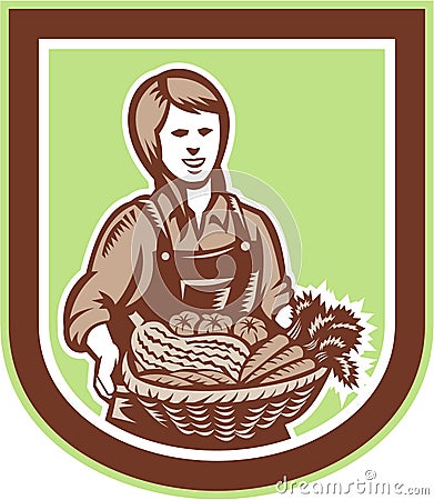 Woman Organic Farmer Farm Produce Harvest Retro Vector Illustration