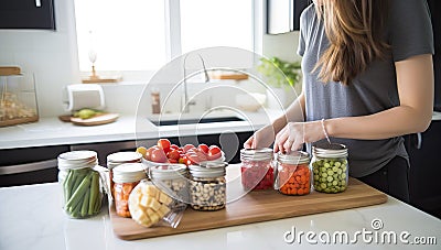 Woman Organizing Freshly Vegetables in Kitchen Stock Photo