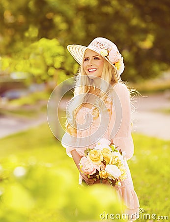 Woman Outdoors Fashion Portrait, Young Lady in Summer Hat Dress Stock Photo