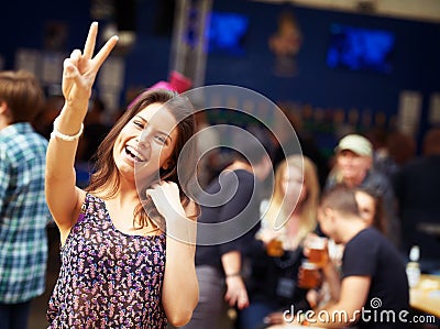 Woman, outdoors and smile in portrait, peace sign and fun on vacation or traveling. Happy female person, face and Stock Photo