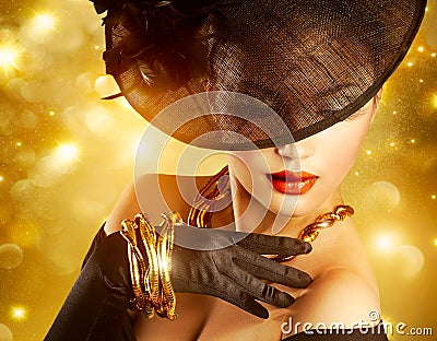 Woman over Golden Background Stock Photo