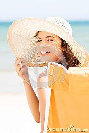 Woman over seaside sunny day. Stock Photo