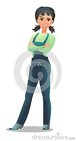 Woman in overalls. Service girl. Handyman, locksmith or repairman. Cheerful person. Standing pose. Cartoon comic style Vector Illustration