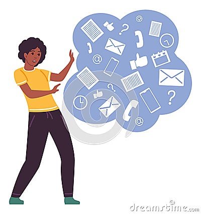 Woman overwhelm with information. Stress from data stream concept Vector Illustration