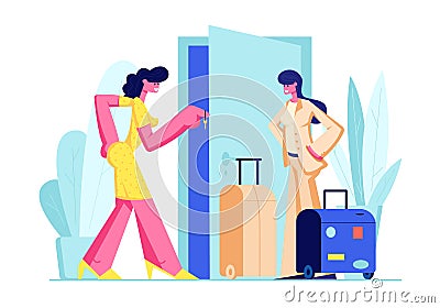 Woman Owner Giving Key from Home to Female Guest with Baggage. Happy Young Woman Traveler Going to Rent Apartment for Leisure Vector Illustration