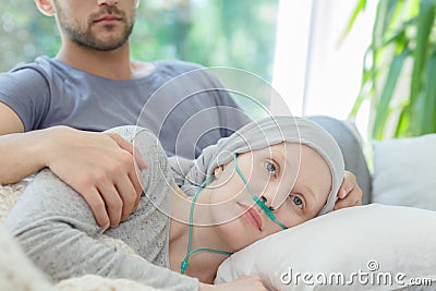 Woman with oxygen nasal cannula Stock Photo