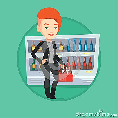 Woman with pack of beer at supermarket. Vector Illustration