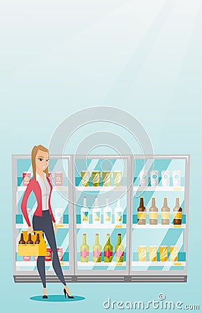 Woman with pack of beer at supermarket. Vector Illustration