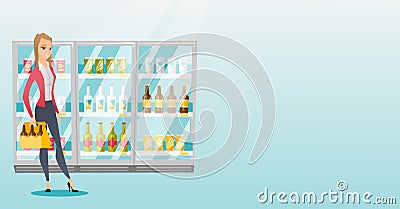 Woman with pack of beer at supermarket. Vector Illustration