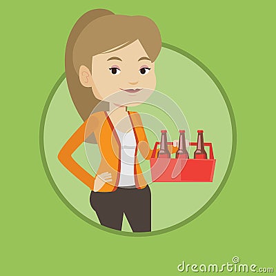 Woman with pack of beer vector illustration. Vector Illustration