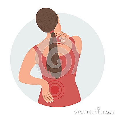 Woman with pain in the cervical and lumbar vertebrae. Back pain, muscle pain, osteoarthritis, rheumatoid arthritis. Vector Illustration