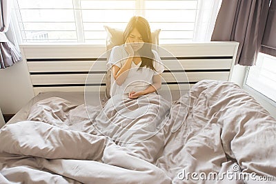Woman painful have a toothache, Female suffering from abdominal pain Stock Photo