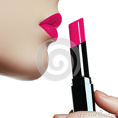 Woman painted pink lips. Beauty lips make-up. Perfect skin, full Stock Photo