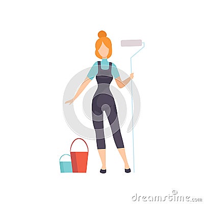 Woman Painter with Roller, Female Construction Worker Character Vector Illustration Vector Illustration