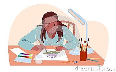 Woman painting creative picture on paper, workplace scene of designer drawing with brush Vector Illustration