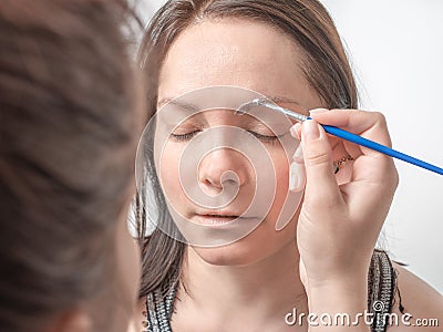 Woman paints eyebrows at home closeup. Brown Make Up Stock Photo