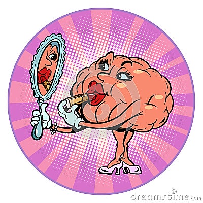 a woman paints her lips in front of a mirror, makeup human brain character, smart wise Vector Illustration