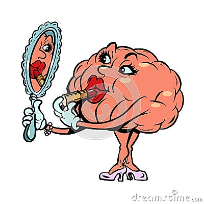 a woman paints her lips in front of a mirror, makeup human brain character, smart wise Vector Illustration