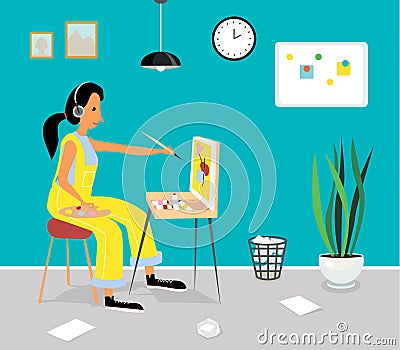 Woman paints picture on easel. oil painting artist Cartoon Illustration