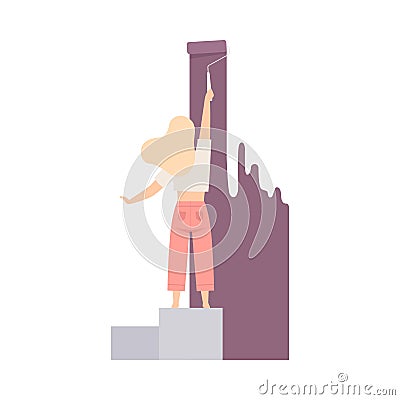 Woman Paints The Wall With Roller In Lilac Flat Vector Illustration Vector Illustration