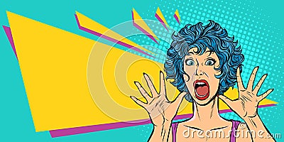 Woman panic, fear, surprise gesture. Girls 80s Vector Illustration