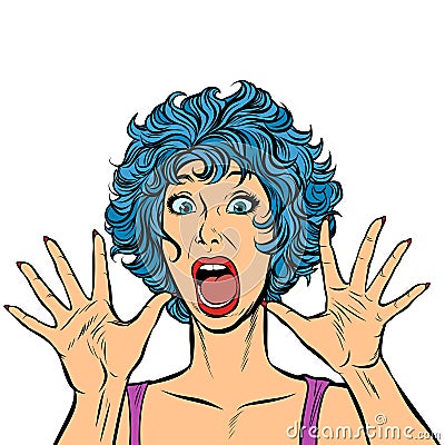 Woman panic, fear, surprise gesture. Girls 80s Vector Illustration