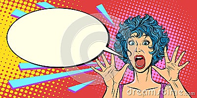 Woman panic, fear, surprise gesture. Girls 80s Vector Illustration