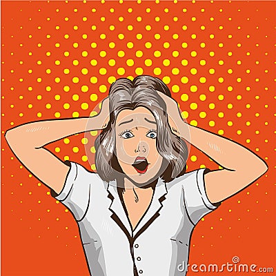 Woman in panic. Vector illustration in pop art retro style. Stressed girl in shock grabs her head in hands Vector Illustration