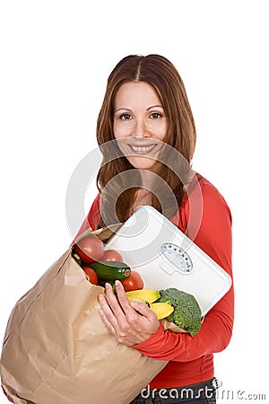 Woman with paper bag of Healthy vegetarian food Stock Photo