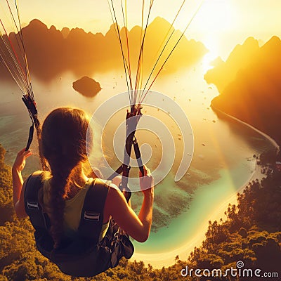 woman paragliding on a tropical island paradise Stock Photo